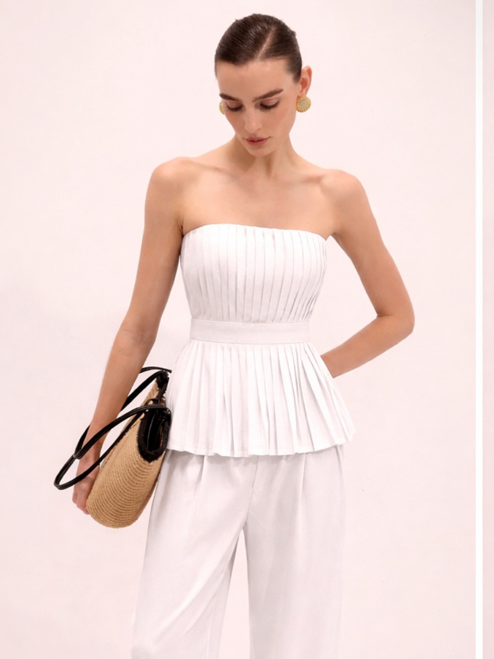 Commense White Strapless Pleated Linen-Blend Top Medium